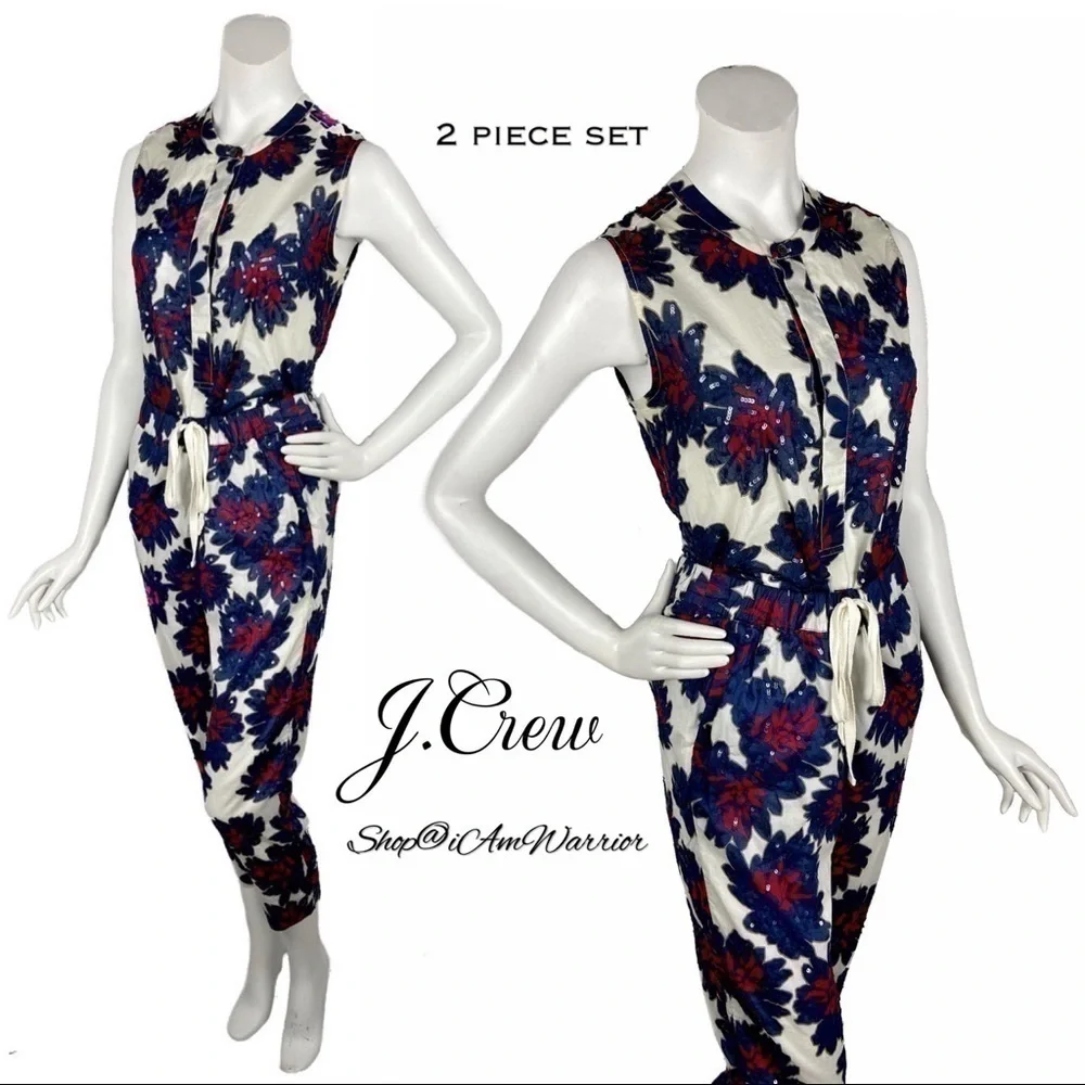 J.Crew 2 piece cotton voile sequin firework sleeveless top + pull on jogger
